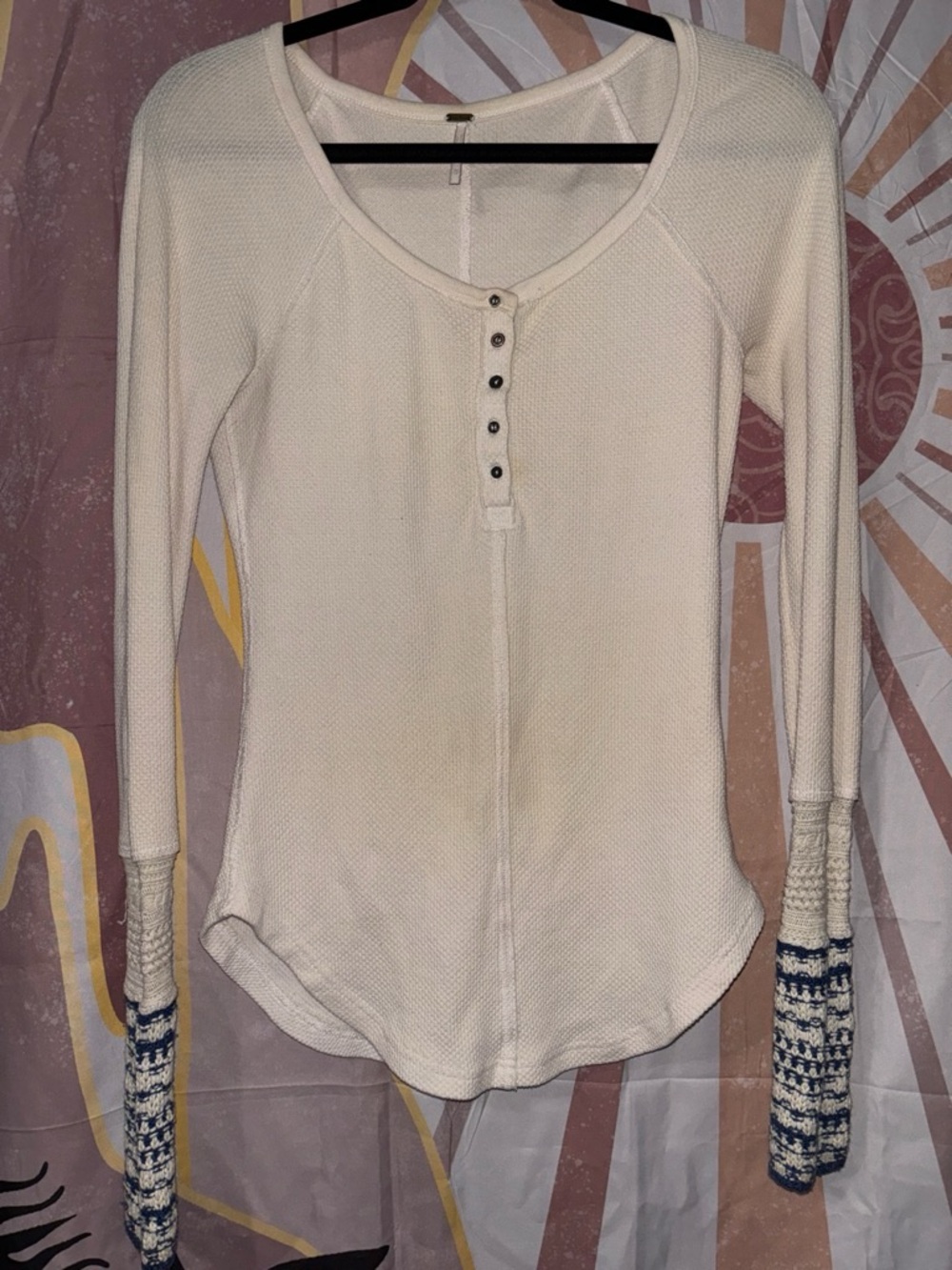 Free People Women’s “ski lodge” Cream Waffle-Knit Henley with Patterned Cuffs